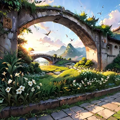 archways,archway,springtime background,tunnel of plants,roof landscape,gateway,stone gate,fantasy landscape,rose arch,bloomgarden,skylands,flower garden,background design,heaven gate,overgrowth,spring garden,bastion,dragon bridge,home landscape,virtual landscape