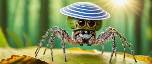 Spider, cartoon style, cute expression, wearing water hat, blue and white stripes, shiny surface, tiny eyes, eight legs, standing on a leaf, green forest background, sun shining through trees, warm so