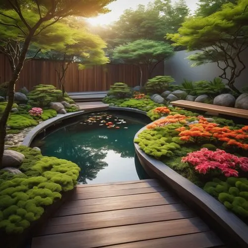 Vibrant garden landscape, lush greenery, colorful blooming flowers, modern minimalist planters, sleek wooden benches, winding stone pathways, naturalistic water features, serene koi pond, elegant lant