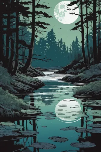 swampy landscape,moonlit night,moonscape,moonlit,moonrise,lunar landscape,moonshine,evening lake,moonlight,forest landscape,calm water,moons,full moon,earth rise,river landscape,river pines,digital illustration,full moon day,backwater,calm waters,Illustration,Black and White,Black and White 12