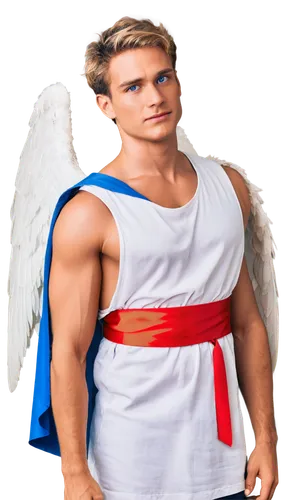 Wings unfolded, majestic male Archangel, solo, (adult), strong facial features, short golden hair, piercing blue eyes, white feathers, radiant aura, holy halo, muscular arms, white toga, red sash, sta