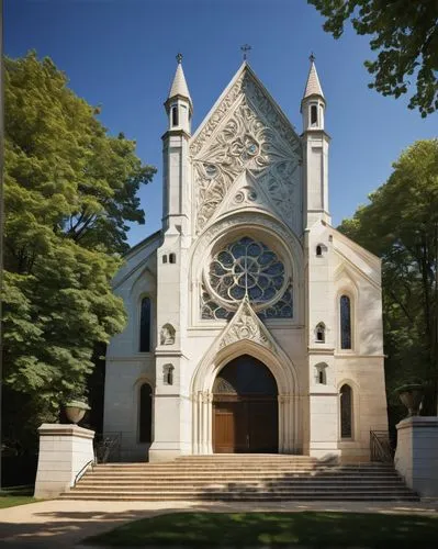 Falls Church Rd, modern architectural design, general church building, grand entrance, symmetrical facade, white stone walls, stained glass windows, tall bell tower, intricate carvings, ornate decorat