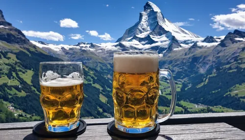 How to visit Zermatt. View of the Matterhorn and two glasses of beer.,glasses of beer,two types of beer,ice beer,gluten-free beer,zermatt,paulaner hefeweizen,watzmannfrau,high alps,bavarian swabia,pre