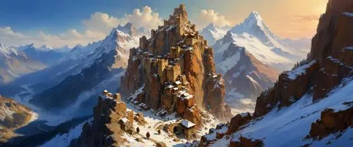 a mountain top view with a lot of snow on the ground,tirith,mountain settlement,erebor,snow mountains,gondolin,snow mountain,highborn,summit castle,snowy peaks,icewind,mountain scene,high mountains,mo