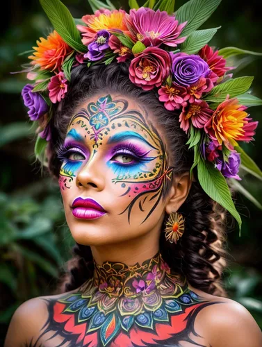 polynesian girl,polynesian,face paint,fairy peacock,beautiful girl with flowers,body painting,headdress,girl in flowers,la catrina,maori,bodypainting,moana,african daisies,colorful floral,hula,exotic 