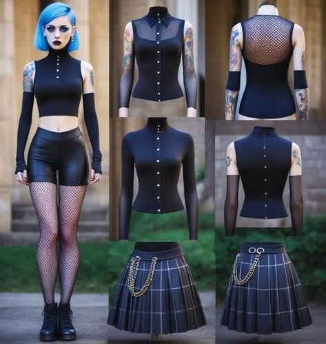 Paper doll goth blue haired girl in black sleeveless shirt ,black tight fit spandex shorts, complete full length fishnet and black boot standing surrounded by with a set of goth fashion clothing, shir