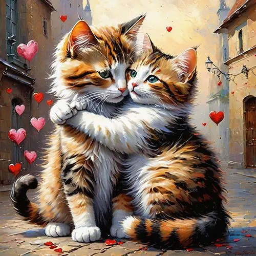 cat and kitty hugging each other, smiling, hearts flying around,cat love,cat lovers,romantic portrait,kittens,sweethearts,two cats,love couple,couple in love,cute cat,cute cartoon image,romantic scene