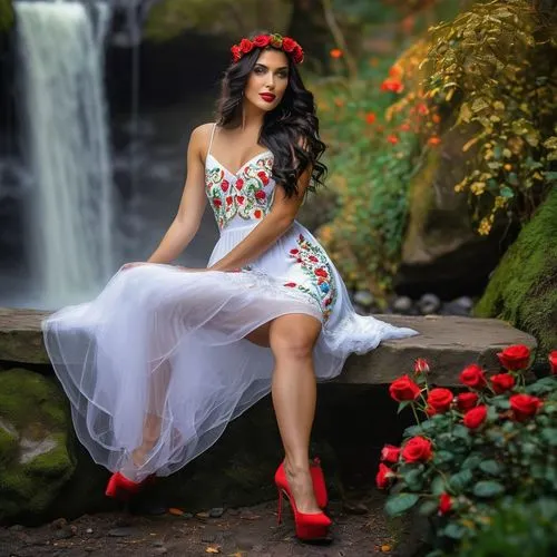 beautiful girl with flowers,red shoes,girl in flowers,girl in a long dress,bridal dress,red roses,rose white and red,oriental princess,vintage floral,enchanting,romantic look,romantic portrait,with roses,fairy queen,flower girl,bridal veil,white and red,ballerina in the woods,lady in red,queen of hearts,Photography,General,Sci-Fi