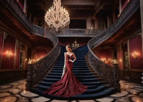 red gown,countess,staircase,lady in red,celtic queen,queen of hearts,girl on the stairs,venetia,ball gown,fantasy picture,noblewoman,derivable,the throne,stately,grandeur,mezzosoprano,hallway,opulence,habanera,baccarat,Photography,Documentary Photography,Documentary Photography 37