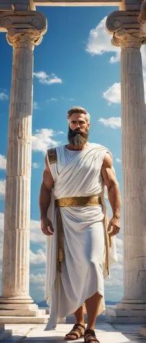 Greek god, bearded male, mature, strong physique, white toga, golden laurel wreath, holding compass, blueprints, standing, majestic pose, ancient Greek temple, Doric columns, marble floors, bright blu