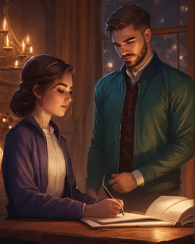 tutor,romantic portrait,tutoring,binding contract,love letters,young couple,sci fiction illustration,study,love letter,game illustration,a letter,romantic scene,reading,librarian,romantic night,guestbook,the evening light,eventide,writing-book,bookshop,Conceptual Art,Fantasy,Fantasy 17