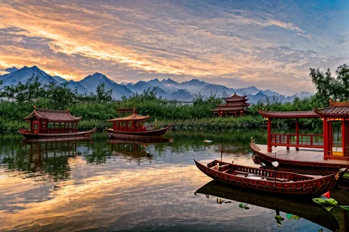 Two Chinese-style wooden boats floated on the water, and the mountains in the distance were covered with white locust flowers,guilin,yunnan,xinjiang,vietnam,in xinjiang,chinese architecture,shaanxi pr