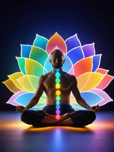 Zoom out. The bright spots on the vertical line shine and sparkle. The colored leaves in the background wave sideways.,a person is sitting in the lotus pose,lotus position,padmasana,surya namaste,chak