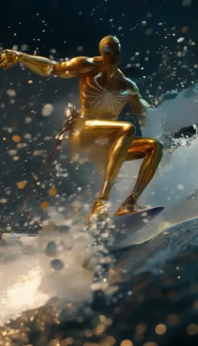 a gold surfer dressed in gold riding a wave,waterskiing,waterski,surfer,water ski,wakeboard,speedskaters