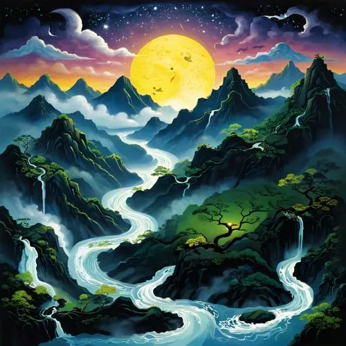 mountain scene,mountain landscape,mountainous landscape,river landscape,landscape background,fantasy landscape,paisaje,guizhou,huangshan,lunar landscape,alpine landscape,huanglong,mountain river,high landscape,mountains,valley of the moon,xiangshan,rongfeng,khokhloma painting,an island far away landscape,Art,Artistic Painting,Artistic Painting 33