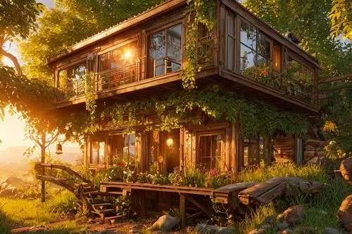 Golden hour, lush vegetation,tree house,summer cottage,tree house hotel,treehouse,house in the forest,wooden house,small cabin,the cabin in the mountains,beautiful home,country cottage,small house,lit