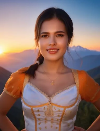 the sky is ablaze with oranges and pinks as a delicate caucasian girl with long, flowing black hair, warm brown eyes, and piercing orange eyes stands tall in the heart of an ancient mountain range. Th