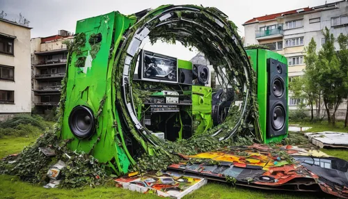 Imagine a futuristic world where vynyl records are rare artifacts (Setting: Futuristic),car recycling,electronic waste,tire recycling,green waste,environmental art,recycling world,parking machine,soun