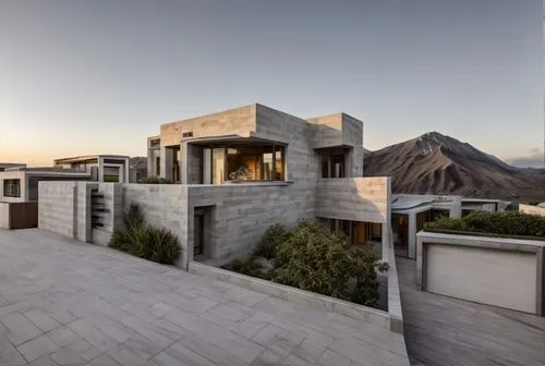 “Create a second floor detached house and behind a mountain with the blue sky at the end of the day. The house is in the northwest of Tenerife.”,dunes house,roof landscape,modern architecture,modern h