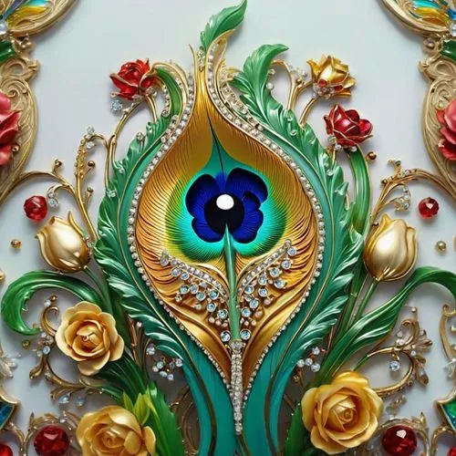 Weiß Funkelnde-haselnussgrüne-Kristall-tau-trocdh gold-ornamente-siber-Tulpen von Swarovski und latex-türkisen-sehr-tief-Wachs-starke-relief acrylic gloss leather petrol-oil-painting fließendes Kunst,