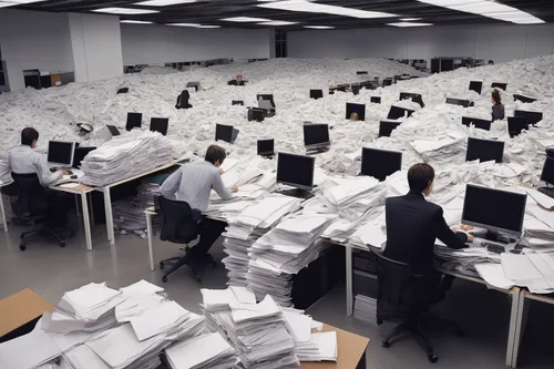 Transport yourself to a bustling office where every employee is buried under piles of paper.,mail flood,dot matrix printing,photocopier,toner production,paperwork,staplers,office automation,paper cons