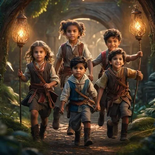 kids illustration,adventurers,happy children playing in the forest,children's background,explorers,neverland,halflings,world digital painting,nomadic children,hobbits,fantasy picture,townsfolk,ciccolo,pandavas,narnians,children of war,pictures of the children,pied piper,majidi,children,Photography,General,Fantasy