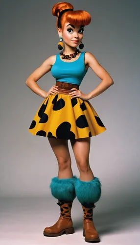 Pebbles Flintstone, an 18-year-old character from The Pebbles and Bamm-Bamm Show, wearing a  outfit of her character,rockabella,majorette (dancer),disney character,agnes,princess anna,female doll,pixi