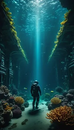 a mysterious underwater futuristic base, from a sci-fi movie, around the base there is underwater life and coral plants, (in the distance a men in futuristic underwater suits check the facilities of t