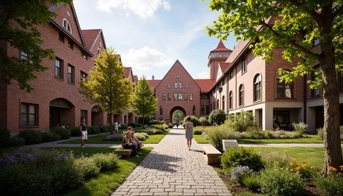 Rustic red-tiled roofs, ornate stone carvings, grand entrance archways, sturdy brick walls, vibrant greenery, blooming flowers, educational signage, wooden benches, natural stone walkways, classic Rom