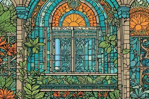 Counterculture-inspired architecture, psychedelic colors, ornate decorations, eclectic mix of vintage and futuristic elements, intricate tile work, stained glass windows, curved lines, asymmetrical st