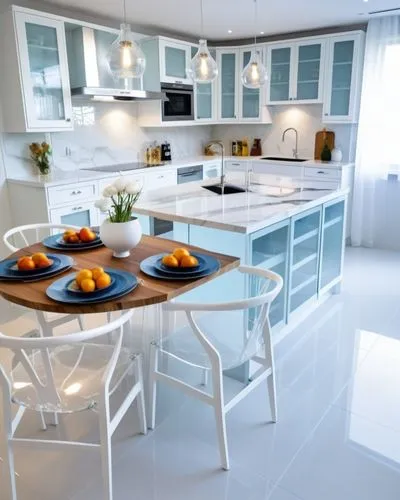 The dimensions and placement of the furniture in the kitchen will remain constant. Change the chairs, make a transparent plexiglass ultra modern chair, make the chandelier in cloud design, make the ki