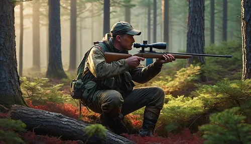 hunter, red deer, call of the wild, male, camouflage clothing, rifle, aiming, forest, early morning mist, soft sunlight, pine trees, hunting boots, binoculars around neck, stealthy posture, focused ex