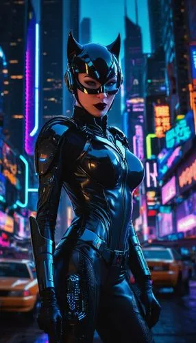 the skyline of Gotham is depicted in a mesmerizing display of neon lights and futuristic architecture. A sleek catwoman with piercing blue eyes gazes intently into mid-air, her black metal armor suit 