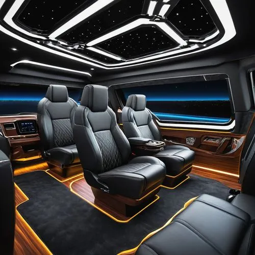 Custom truck interior design, luxurious captain's chair, premium leather upholstery, intricate stitching, chrome accents, wooden dashboard trim, ambient lighting, LED-lit floor mats, futuristic center