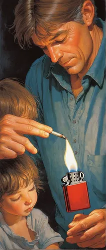 Create a heartwarming moment by describing a father teaching his child how to light a zippo for the first time.,burning cigarette,cigarette box,no-smoking,stop smoking,colluricincla harmonica,cigarett