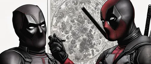 deadpool,dead pool,spawn,in pairs,face to face,webbing,clones,civil war,comic characters,x and o,mirroring,ants,sidebyside,ninjas,pair of scissors,two,personages,tie,marvel comics,swordsmen,Illustration,Black and White,Black and White 09