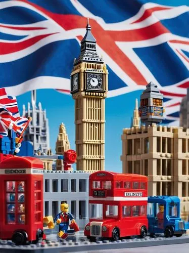 London cityscape, Big Ben clock tower, Lego bricks composition, colorful buildings, Union Jack flags waving, red phone booths, double-decker buses, pedestrian street, sunny day, clear blue sky, detail