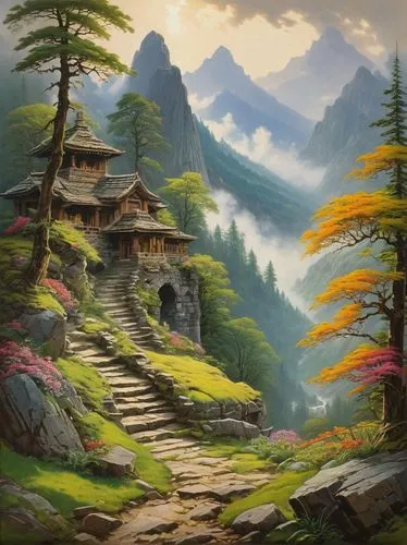 mountain scene,mountain landscape,fantasy landscape,landscape background,mountainous landscape,mountain settlement,japan landscape,home landscape,alpine landscape,mountain village,background with stones,mushroom landscape,forest landscape,world digital painting,house in mountains,moss landscape,cartoon video game background,meteora,fantasy picture,japanese mountains,Art,Classical Oil Painting,Classical Oil Painting 23