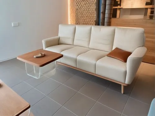 a white couch sitting on top of a tile floor,seating furniture,modern minimalist lounge,natuzzi,contemporary decor,apartment lounge,chaise lounge