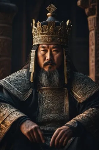 long portrait, manly king mongol, sitting with a intricate king attire, photorealistic, dramatic photography, professional composition, high definition, very detailed photography, soft contrast, muted