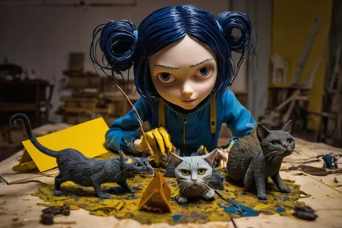 Write a thrilling climax where Coraline outsmarts the other mother in a nail-biting cat-and-mouse game.,painter doll,clay doll,artist doll,clay animation,laika,designer dolls,frankenweenie,puppeteer,m