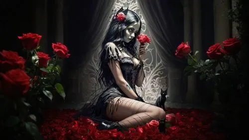 a woman sitting on the ground with roses,unseelie,scent of roses,lycoris,fallen petals,the sleeping rose,flower of passion,black rose hip,dark angel,hekate,demoness,black rose,with roses,red roses,red