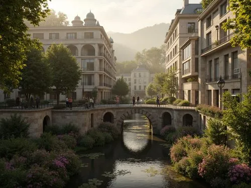 Rustic stone bridges, ornate archways, intricately carved stonework, medieval-inspired architecture, grandiose scale, majestic river crossings, lush greenery surroundings, misty morning atmosphere, wa