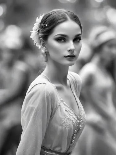 Black and white quality photograph of a wild dancer from the south; very pretty. The others are blurred.,a woman in an old fashion po is holding her hand in the air,vaganova,miss circassian,knightley,