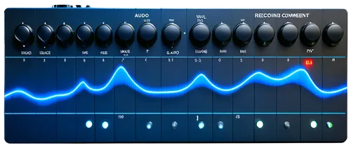 Audio wave, blue waveform, digital display, studio recording equipment, microphone, headphones, mixing console, music production software, creative composition, colorful buttons, metallic surface, LED