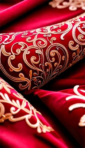 Crimson fabric, maroon velvet texture, luxurious material, intricate embroidery, ornate pattern, regal atmosphere, warm color tone, soft lighting, macro shot, detailed close-up, shallow depth of field