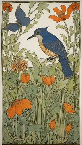 Prompt,an art work featuring flowers and a bird,flower and bird illustration,grasset,sunbirds,dwiggins,blue birds and blossom,robins in a winter garden,birders,songbirds,garden birds,kingfishers,nutha