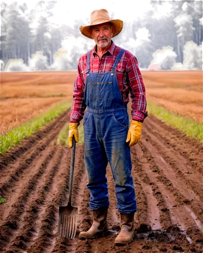 Farmer, mature man, rugged facial features, straw hat, worn-out gloves, plaid shirt, overalls, muddy boots, holding a pitchfork, standing in a field, rustic background, warm sunlight, shallow depth of