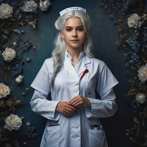 white rose snow queen,female doctor,nurse,white coat,female nurse,biologist,nurse uniform,physician,medical icon,fantasy portrait,medical sister,white rose,medicine icon,lady medic,pharmacist,theoretician physician,portrait background,wallis day,ship doctor,medical illustration,Photography,General,Fantasy