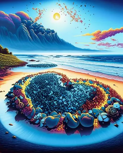 a heart made out of various rocks on a beach,fractals art,sand art,lunar landscape,phytoplankton,mother earth,fractal environment,Illustration,Realistic Fantasy,Realistic Fantasy 25